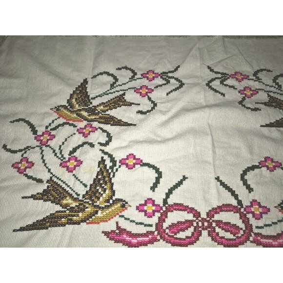 Vintage Hand-Stitched Embroidered Cross-Stitch Fabric Panels Swallows Floral - Picture 6 of 12